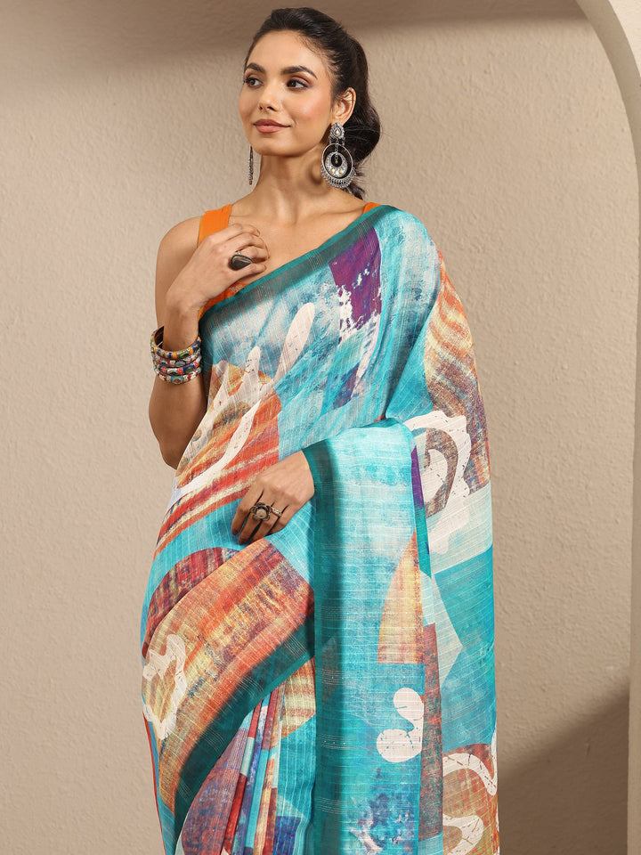 Multi Abstract Printed Cotton Blend Saree With Unstitched Blouse Piece