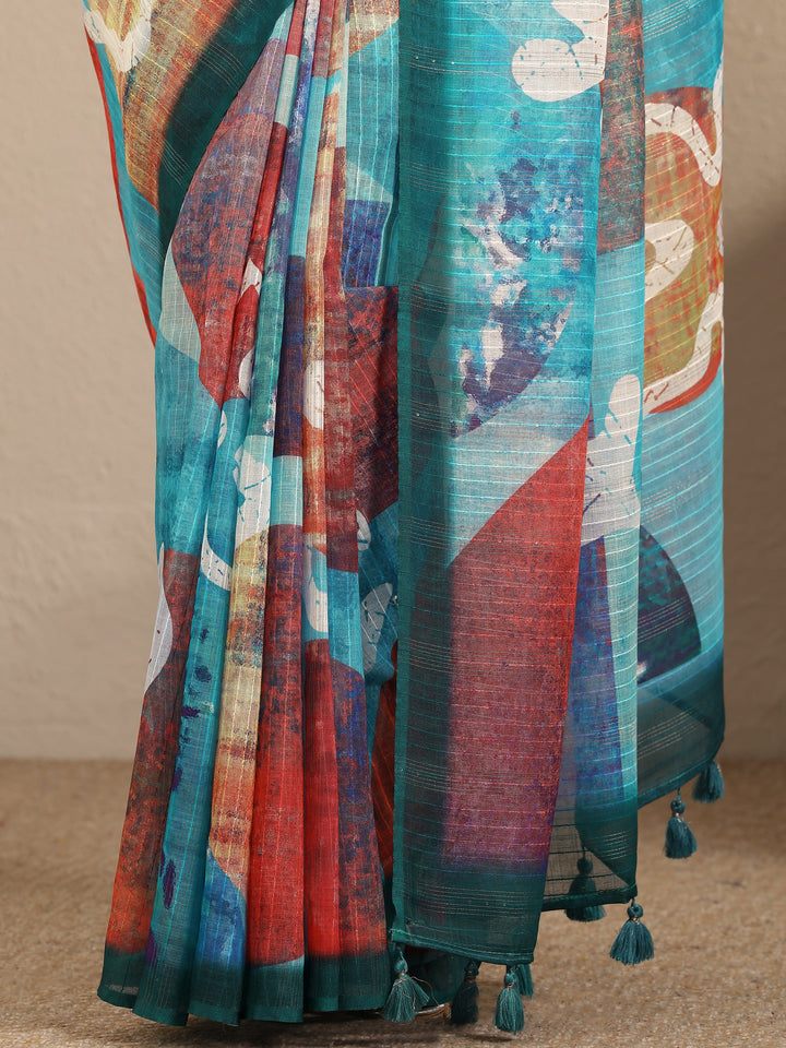Multi Abstract Printed Cotton Blend Saree With Unstitched Blouse Piece