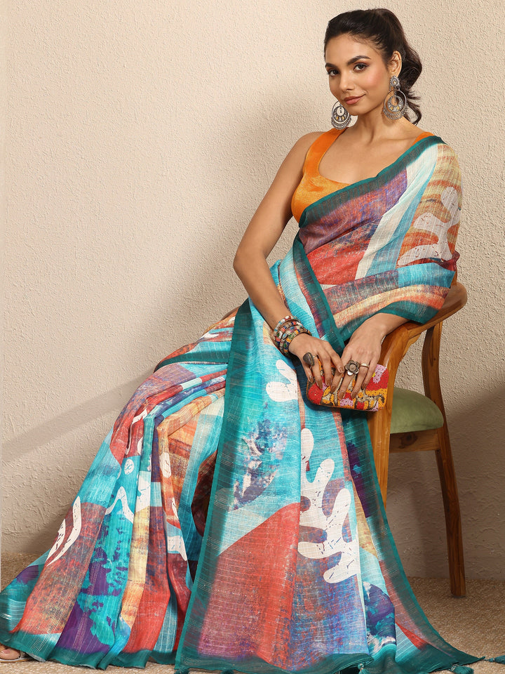 Multi Abstract Printed Cotton Blend Saree With Unstitched Blouse Piece