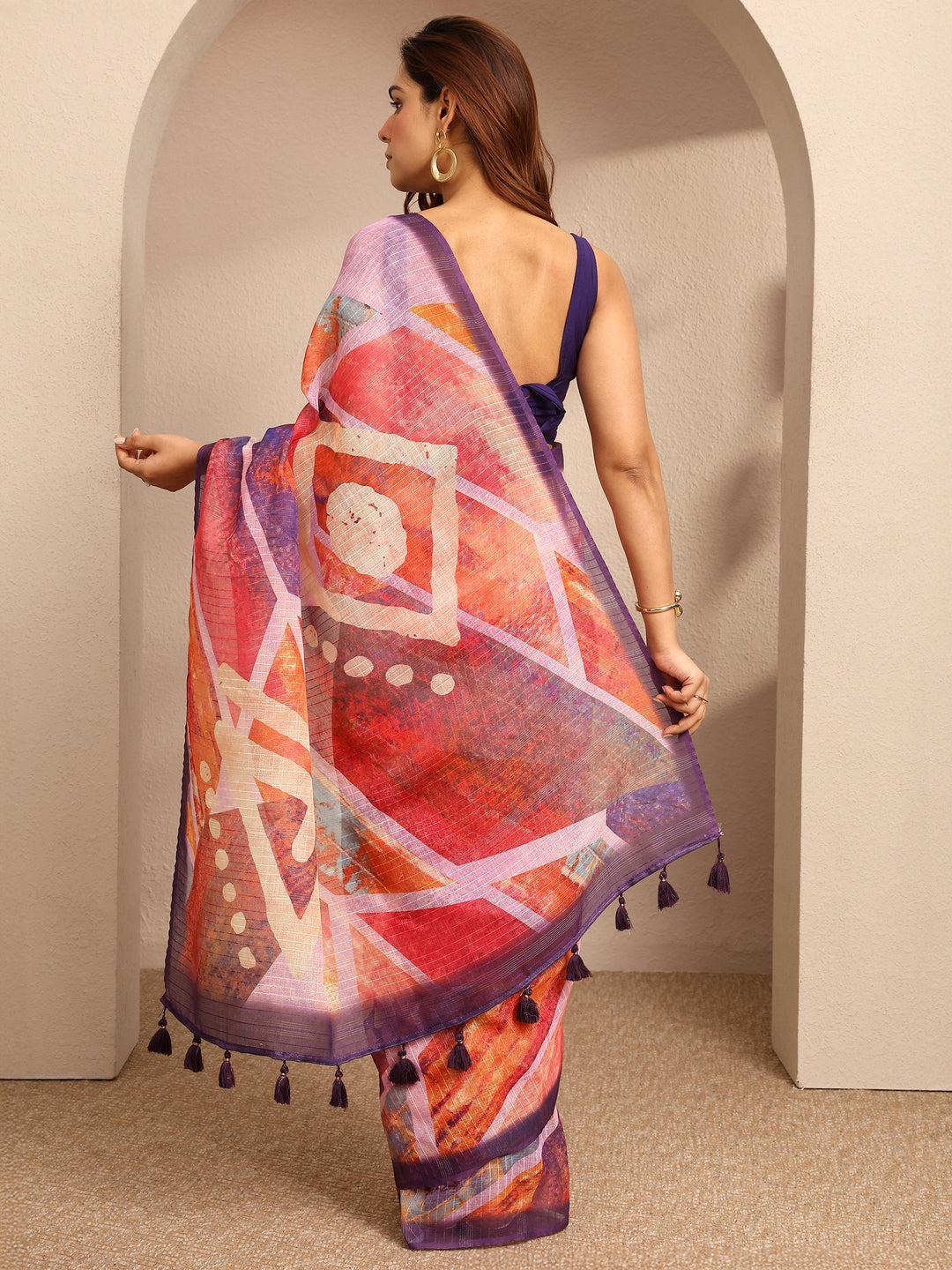 Multi Abstract Printed Cotton Blend Saree With Unstitched Blouse Piece