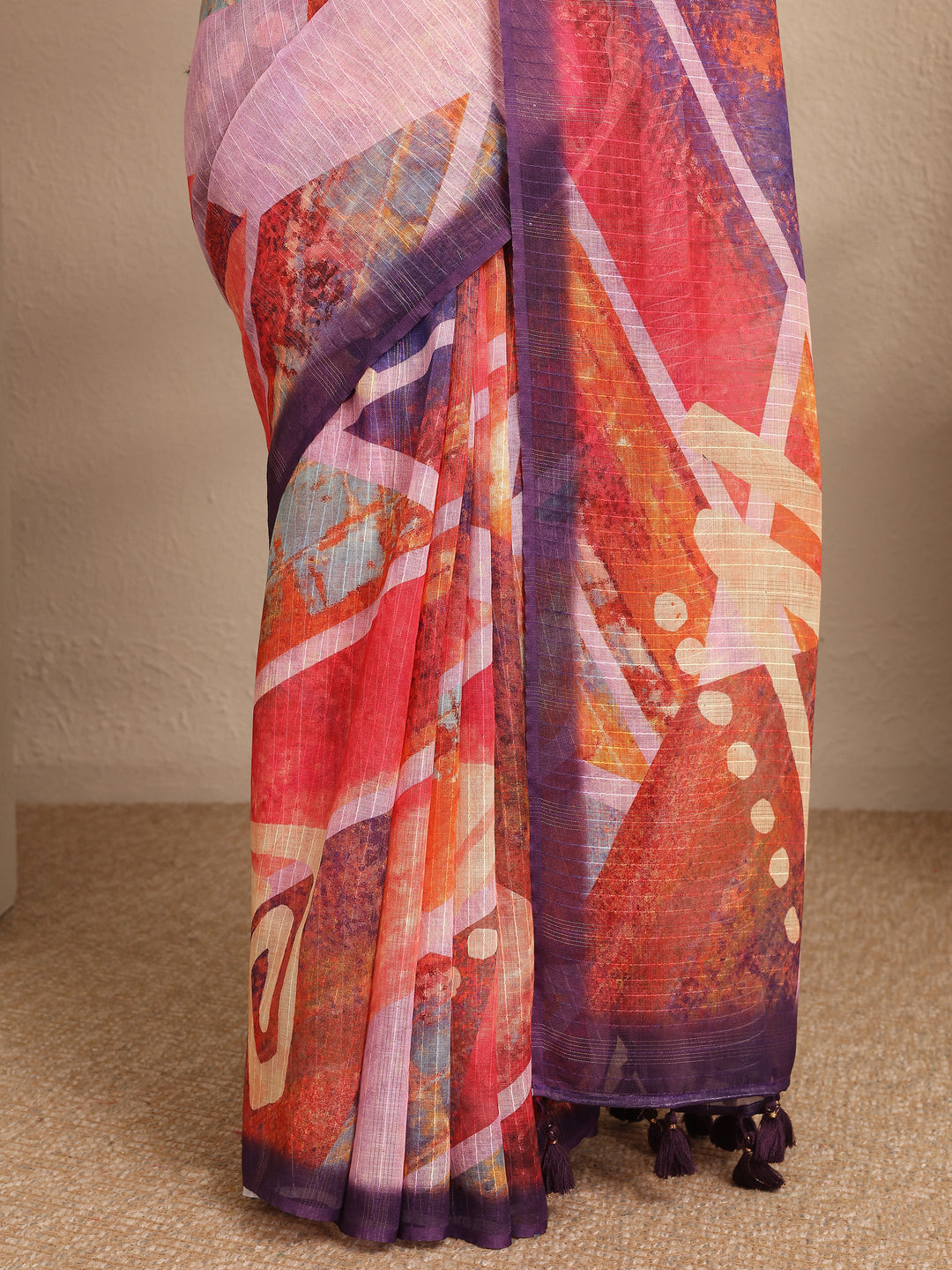 Multi Abstract Printed Cotton Blend Saree With Unstitched Blouse Piece
