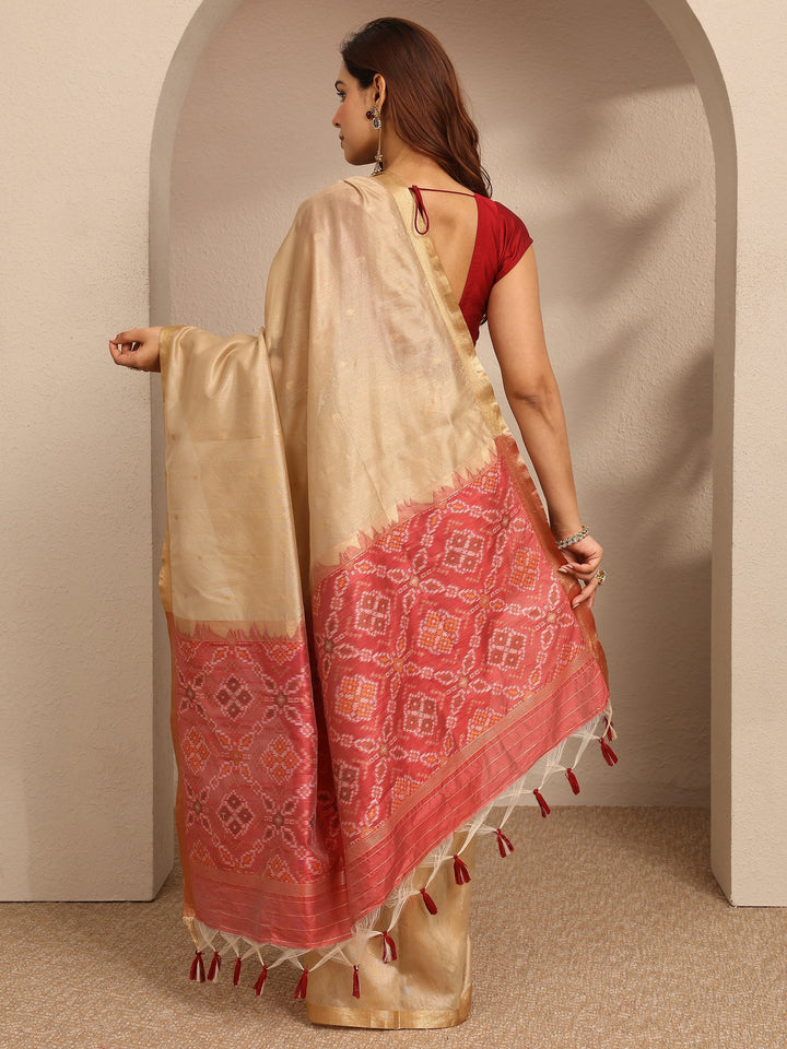 Beige Woven Design Banarsi Silk Blend Saree With Unstitched Blouse Piece