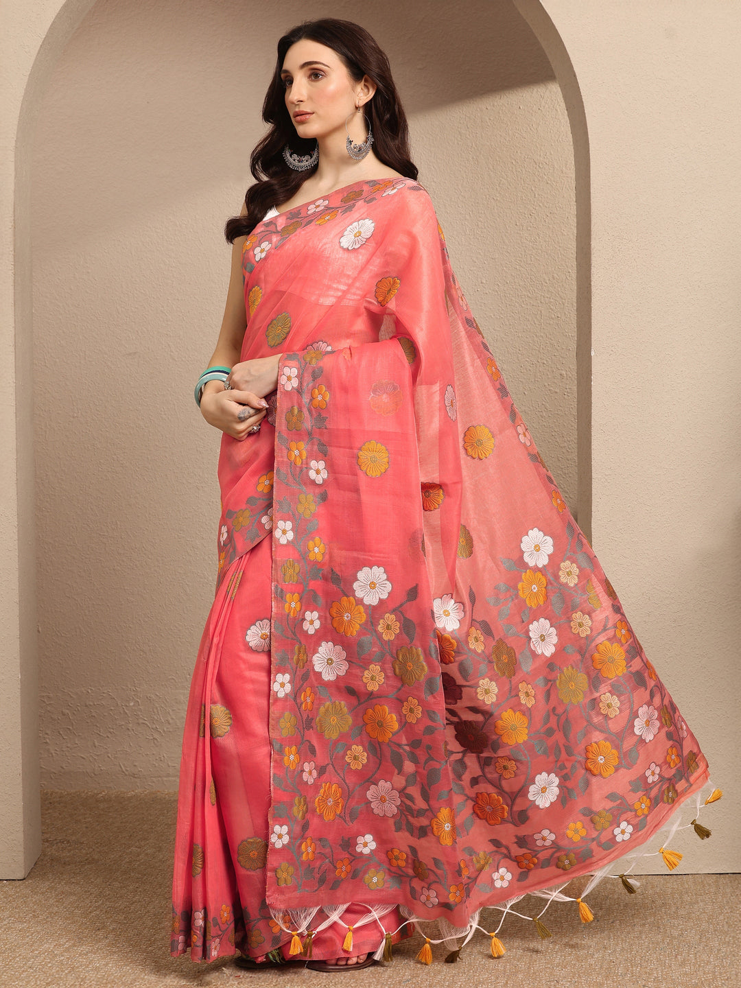 Coral Woven Design Cotton Blend Saree With Unstitched Blouse Piece