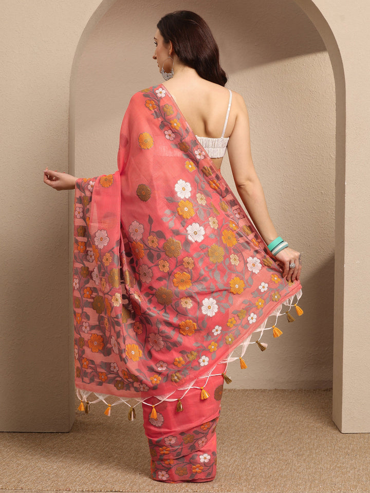 Coral Woven Design Cotton Blend Saree With Unstitched Blouse Piece