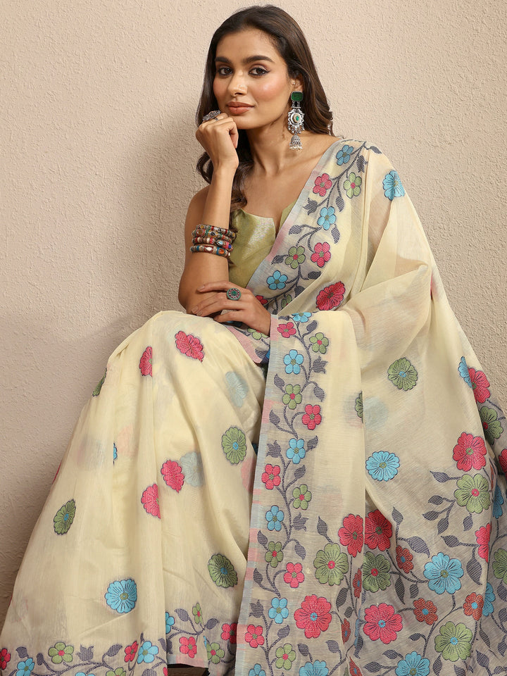 Off White Woven Design Cotton Blend Saree With Unstitched Blouse Piece