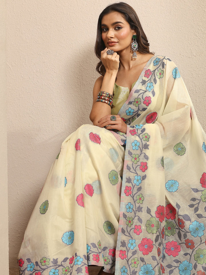 Off White Woven Design Cotton Blend Saree With Unstitched Blouse Piece