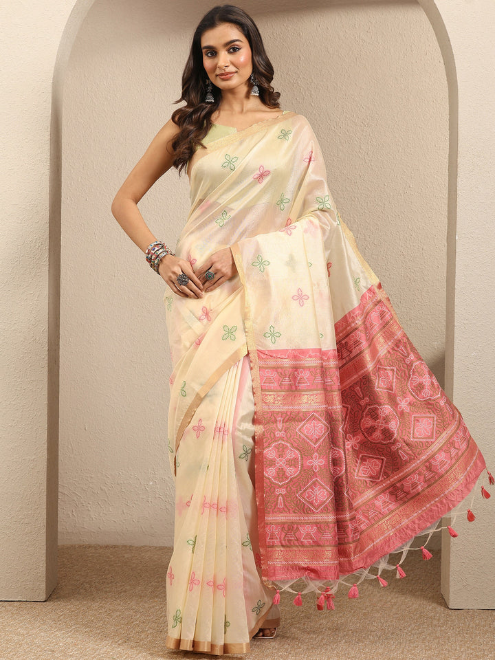 Beige Woven Design Silk Blend Saree With Unstitched Blouse Piece