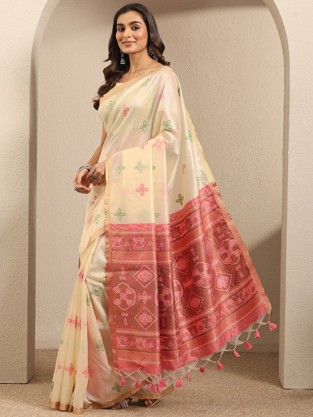 Beige Woven Design Silk Blend Saree With Unstitched Blouse Piece