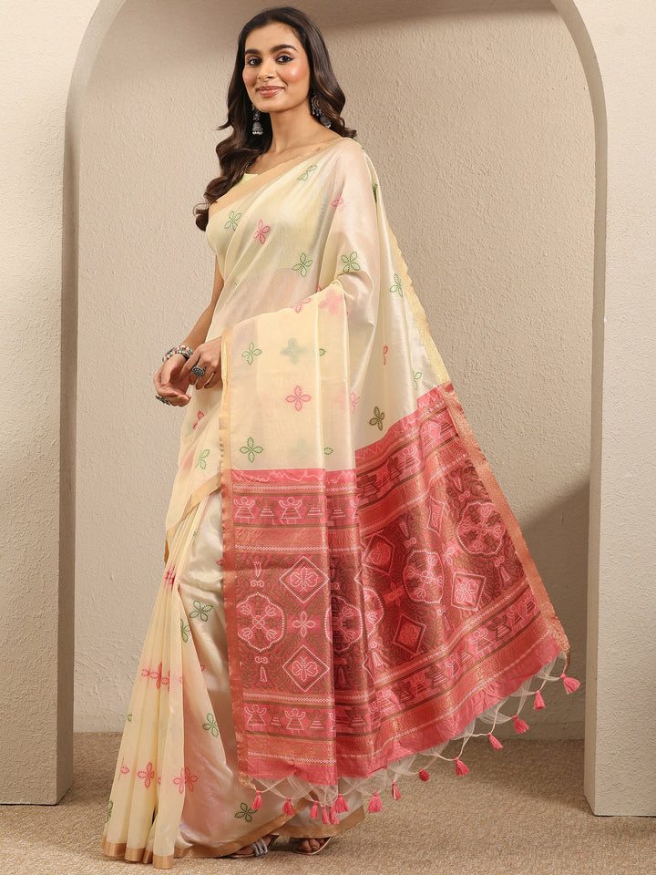Beige Woven Design Silk Blend Saree With Unstitched Blouse Piece