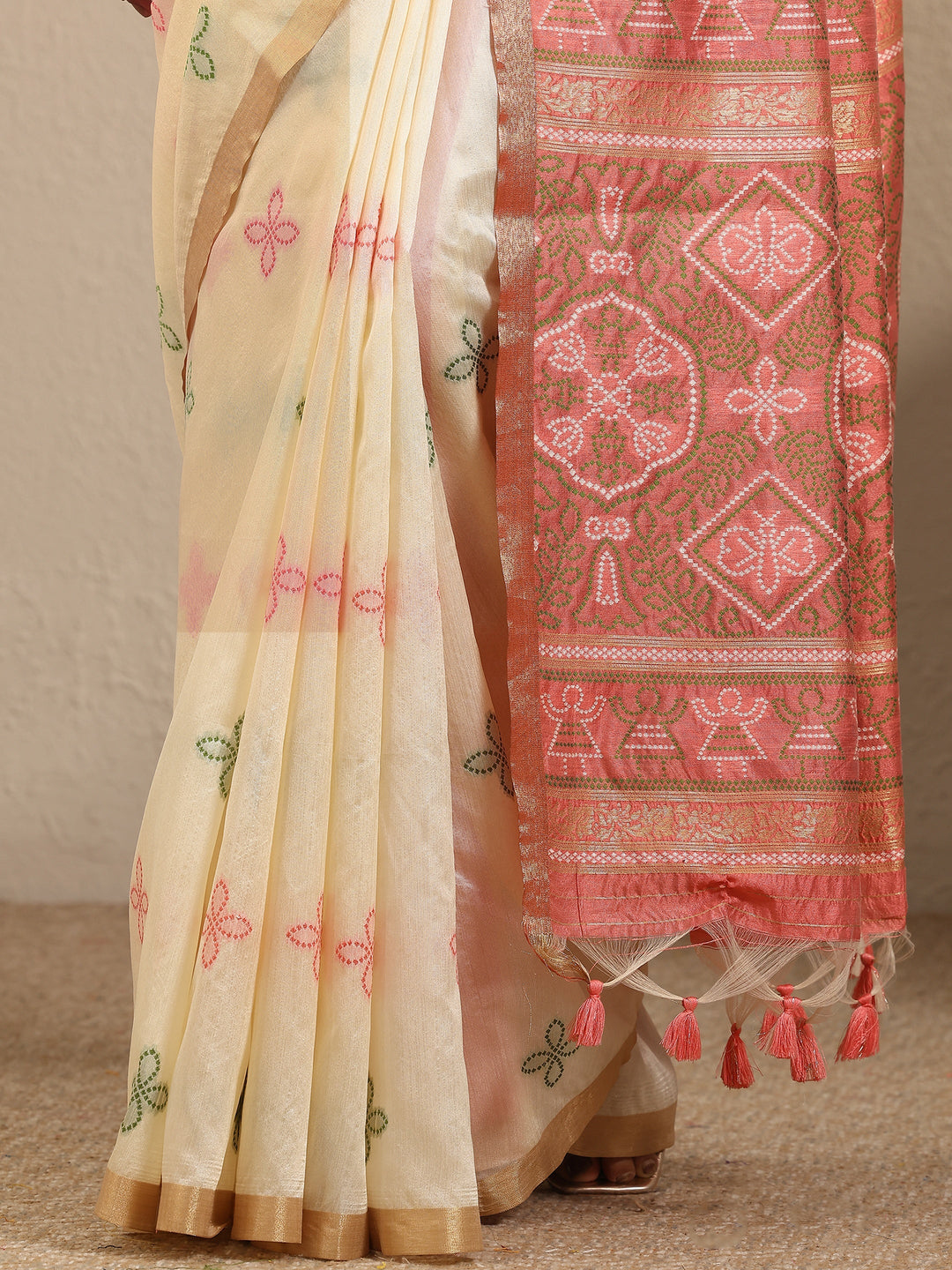 Beige Woven Design Silk Blend Saree With Unstitched Blouse Piece
