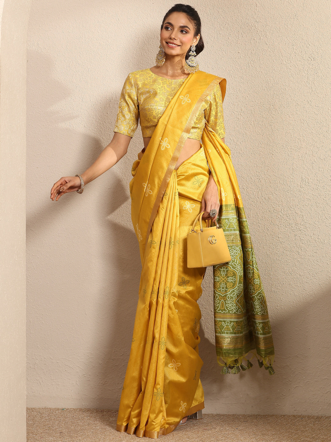 Mustard Woven Design Silk Blend Saree With Unstitched Blouse Piece