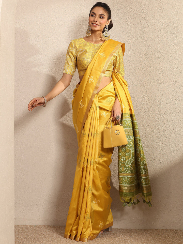 Mustard Woven Design Silk Blend Saree With Unstitched Blouse Piece