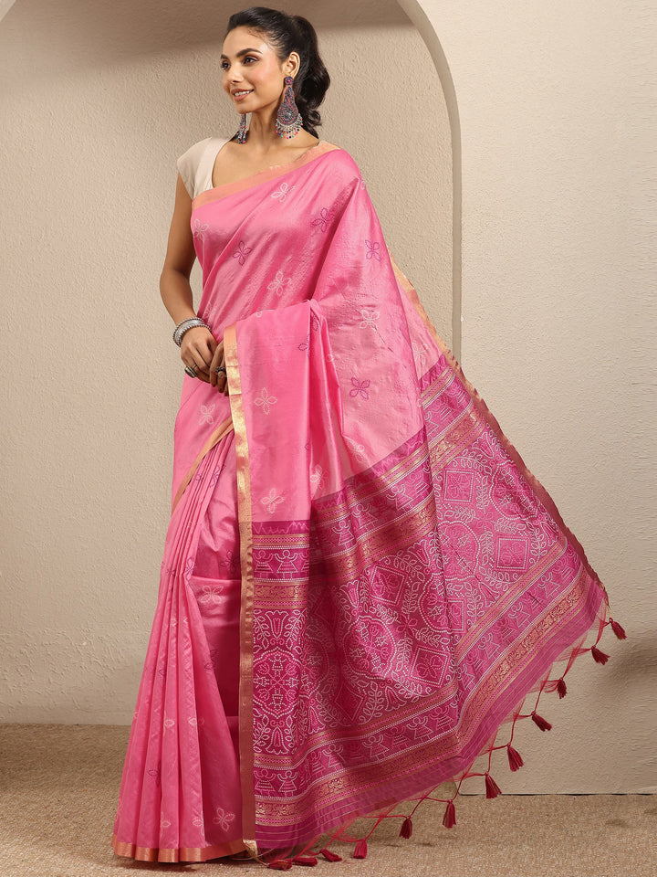 Pink Woven Design Silk Blend Saree With Unstitched Blouse Piece