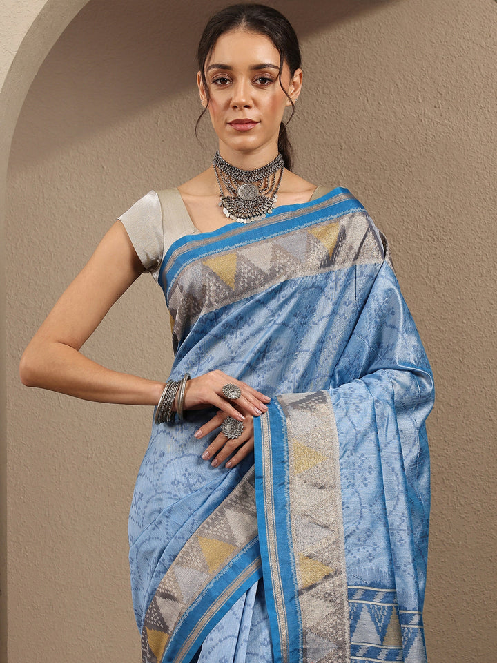 Blue Woven Design Silk Blend Saree With Unstitched Blouse Piece