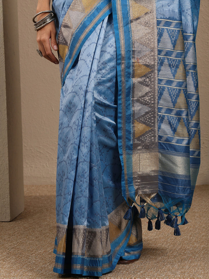 Blue Woven Design Silk Blend Saree With Unstitched Blouse Piece