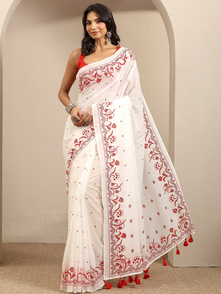 Off White Printed Cotton Blend Saree With Unstitched Blouse Piece