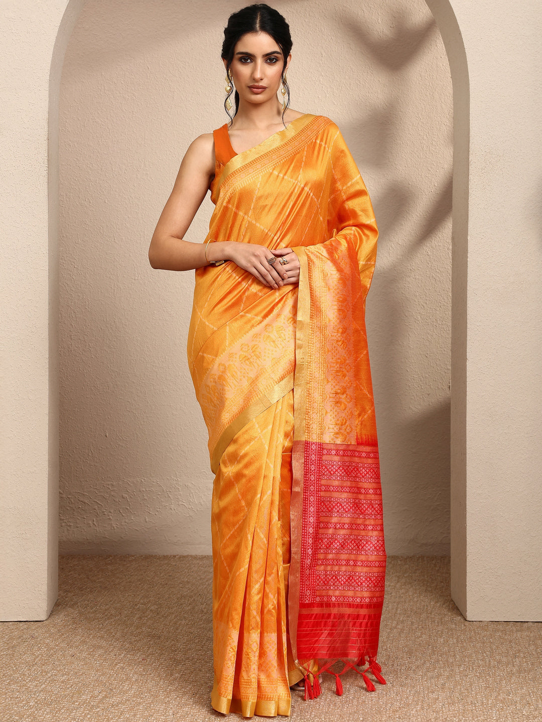 Mustard Woven Design Banarsi Silk Blend Saree With Unstitched Blouse Piece