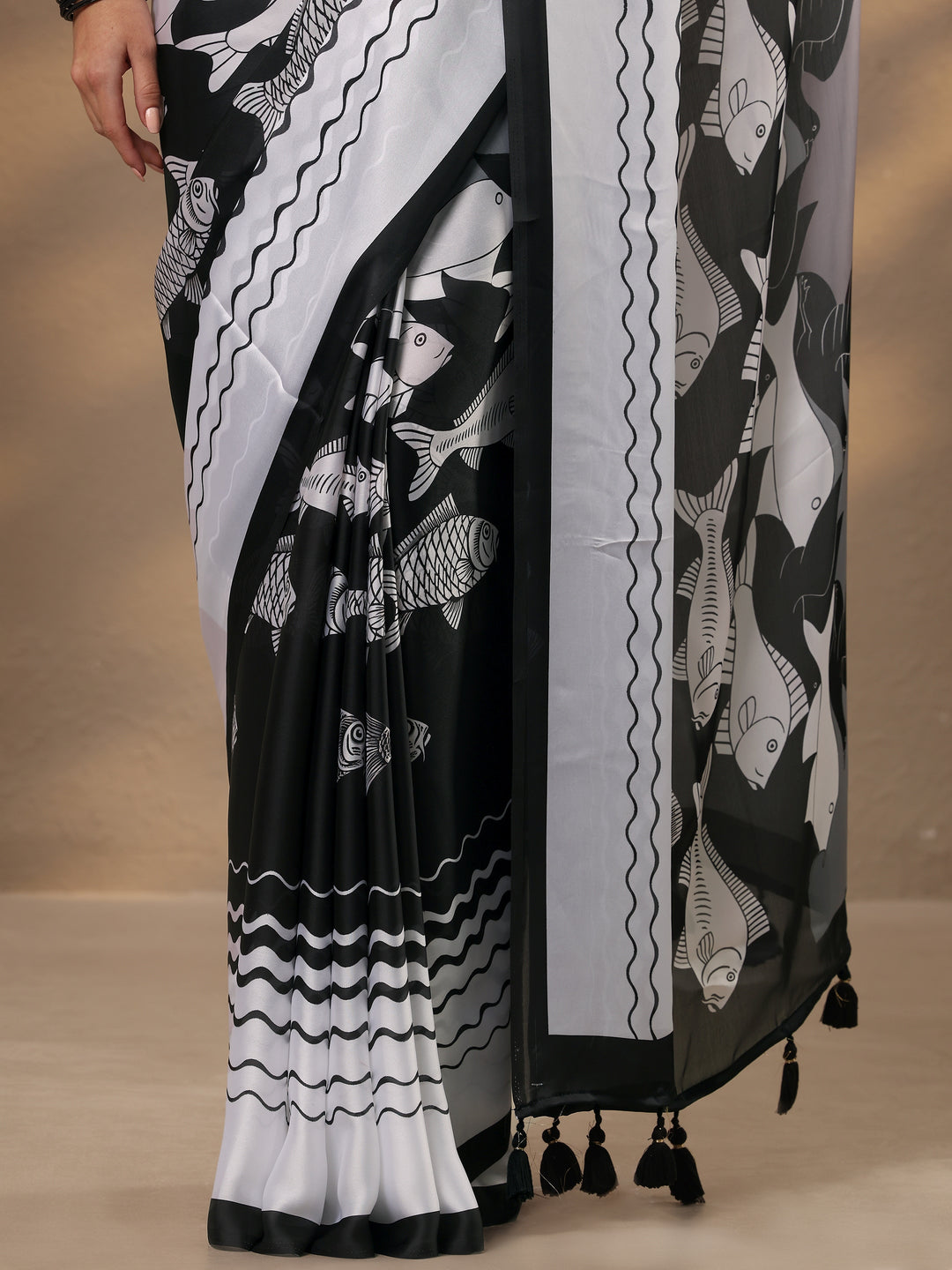 Black Animal Printed Satin Saree With Unstitched Blouse Piece