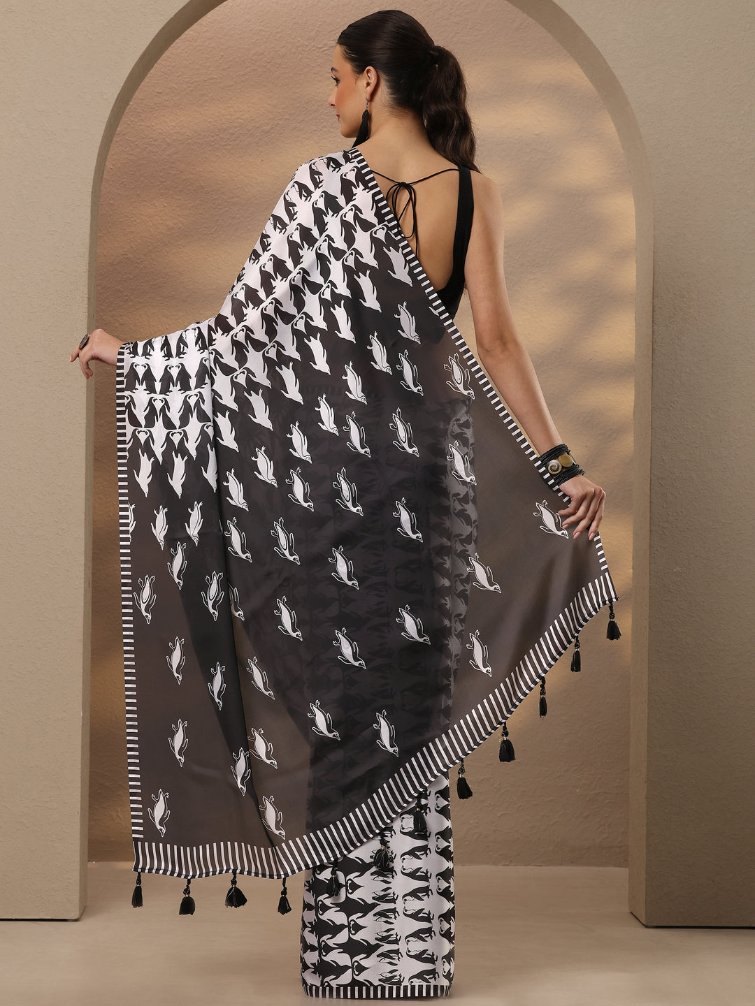 Black Animal Printed Satin Saree With Unstitched Blouse Piece