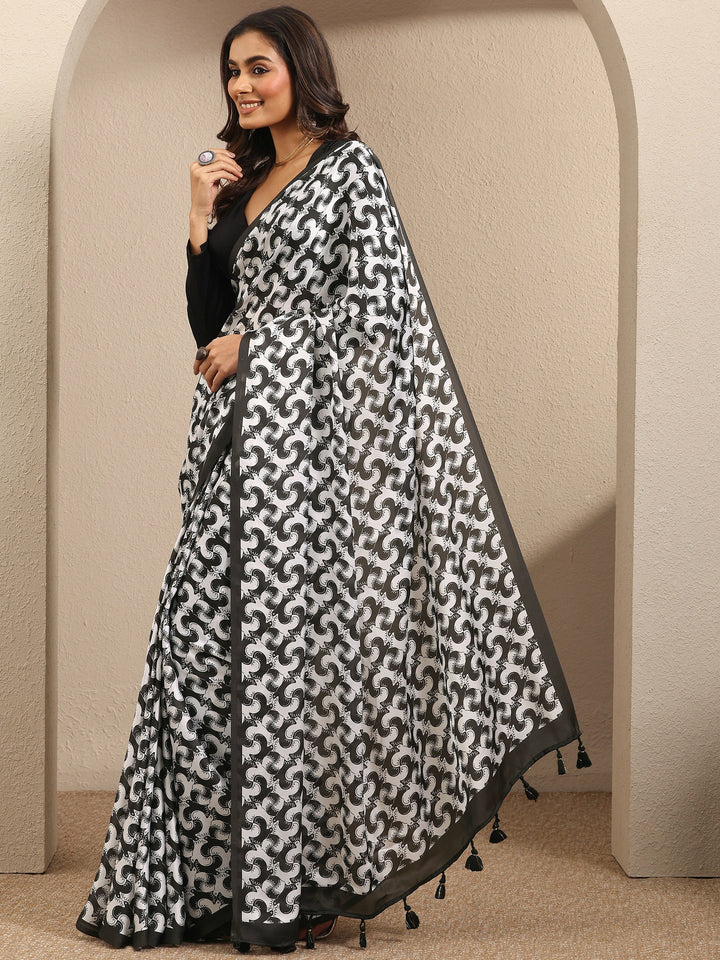 White Animal Printed Satin Saree With Unstitched Blouse Piece