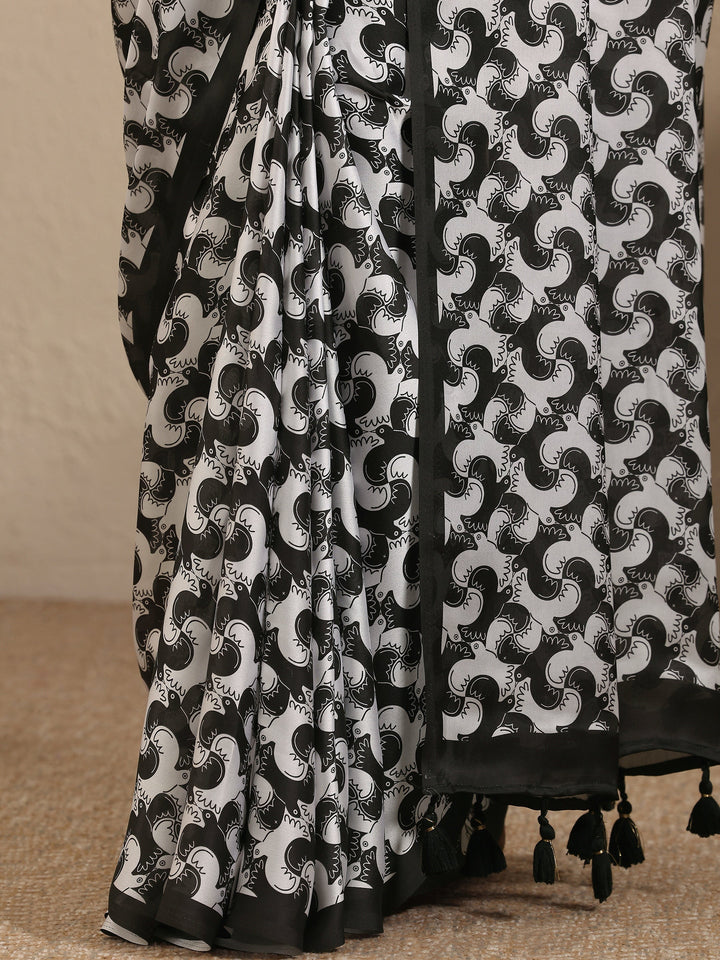 White Animal Printed Satin Saree With Unstitched Blouse Piece