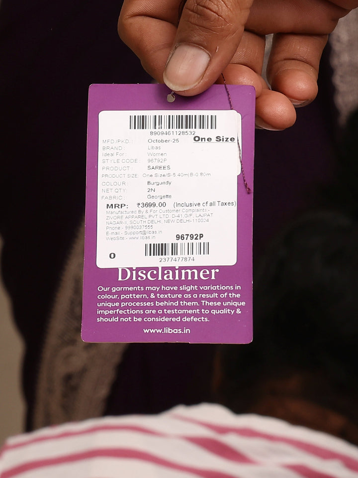 Burgundy Solid Georgette Saree With Unstitched Blouse Piece