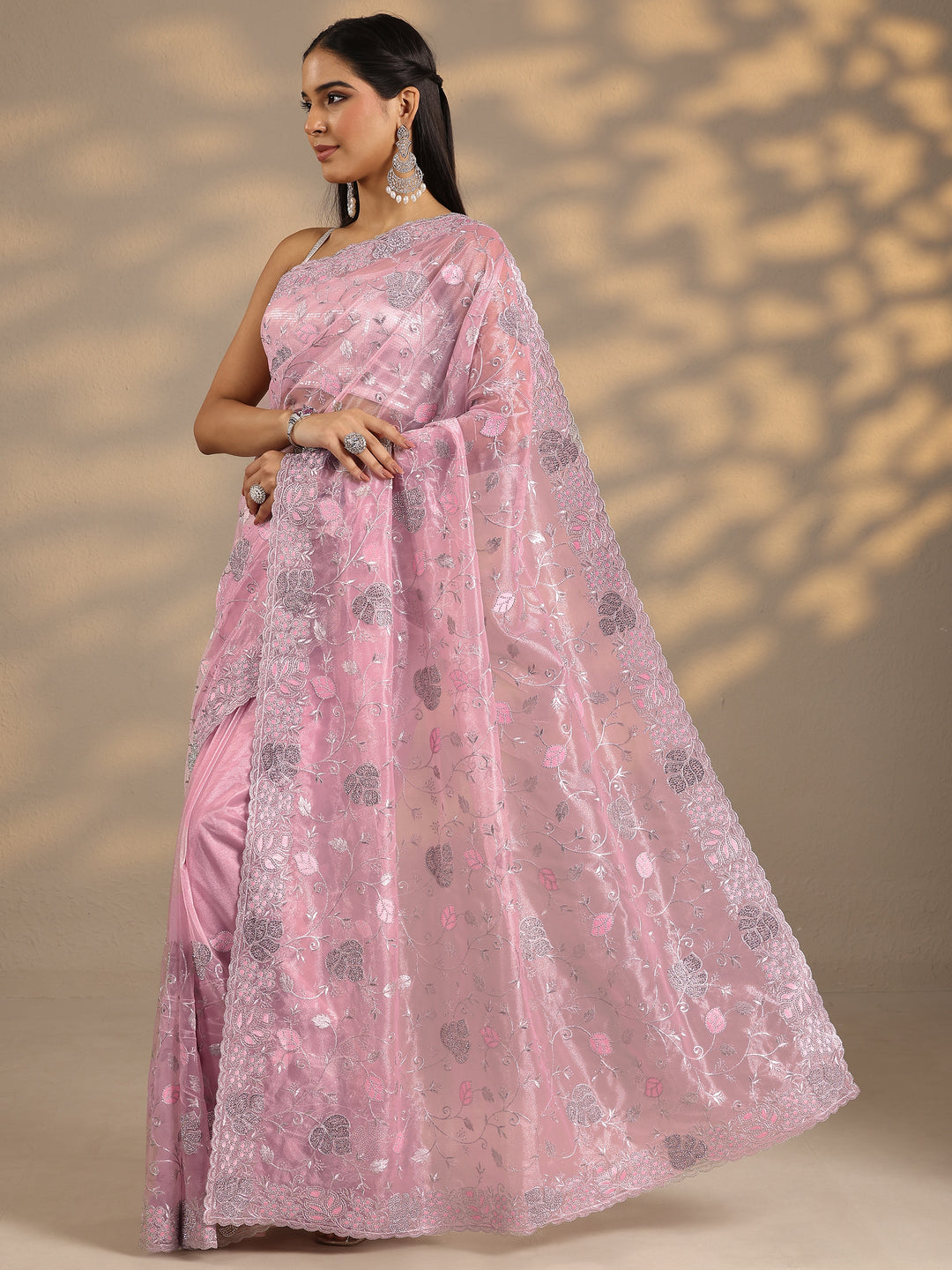 Pink Embroidered Nylon Saree With Unstitched Blouse Piece