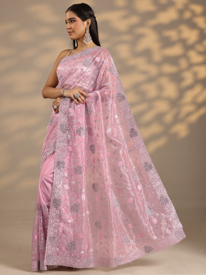 Pink Embroidered Nylon Saree With Unstitched Blouse Piece