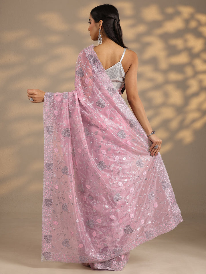 Pink Embroidered Nylon Saree With Unstitched Blouse Piece