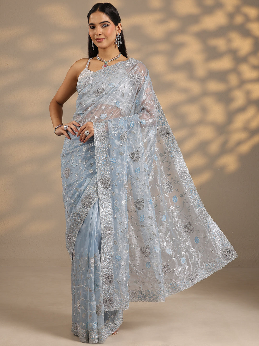 Blue Embroidered Nylon Saree With Unstitched Blouse Piece