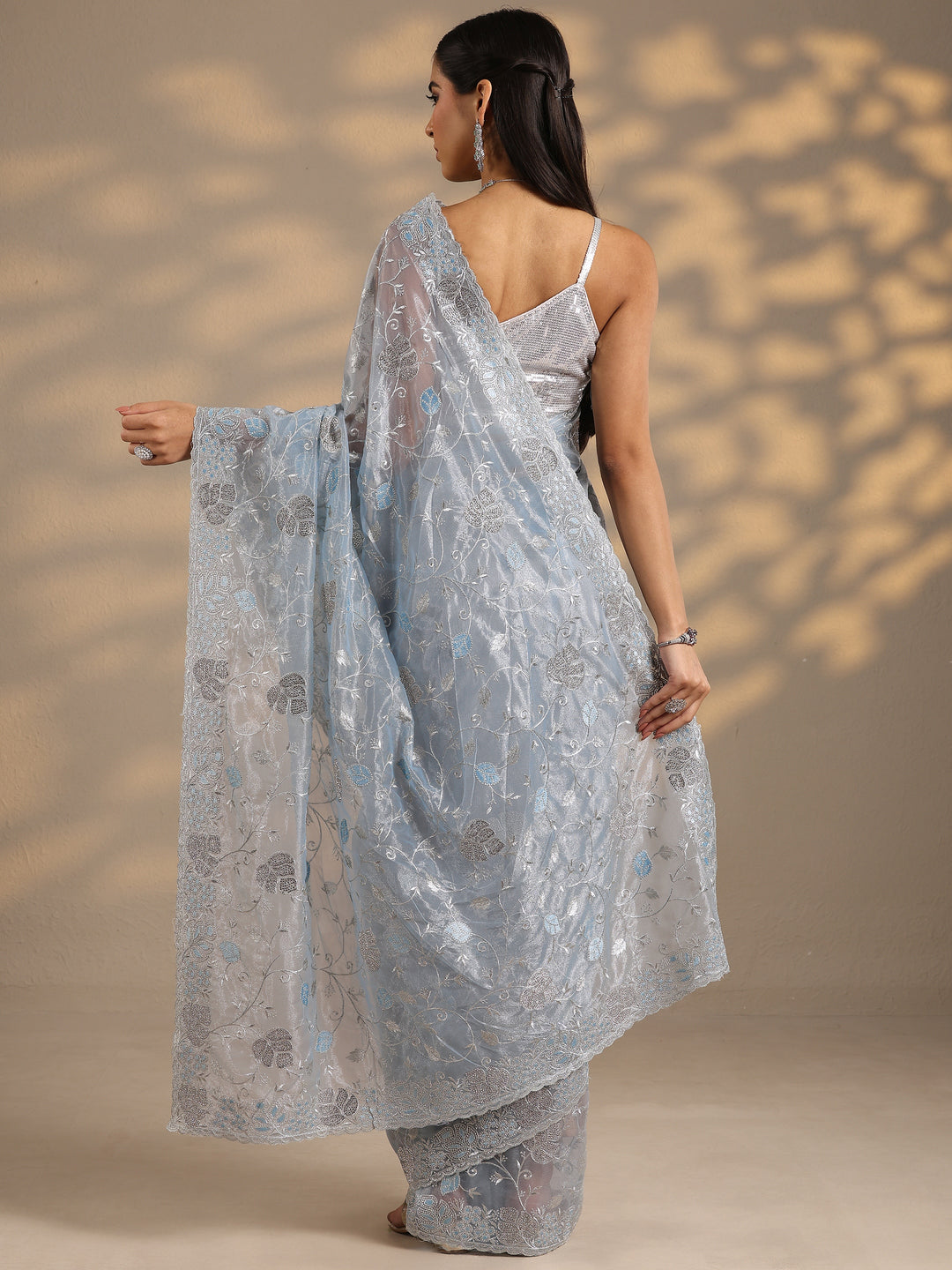 Blue Embroidered Nylon Saree With Unstitched Blouse Piece