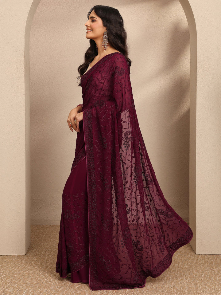Maroon Embroidered Silk Blend Saree With Unstitched Blouse Piece