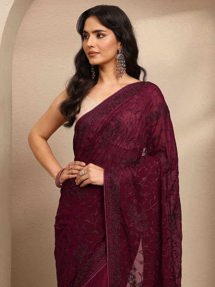 Maroon Embroidered Silk Blend Saree With Unstitched Blouse Piece