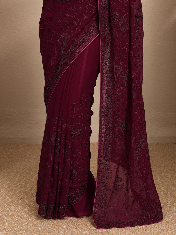 Maroon Embroidered Silk Blend Saree With Unstitched Blouse Piece