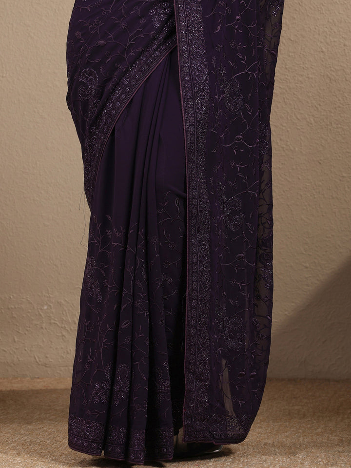 Purple Embroidered Silk Blend Saree With Unstitched Blouse Piece