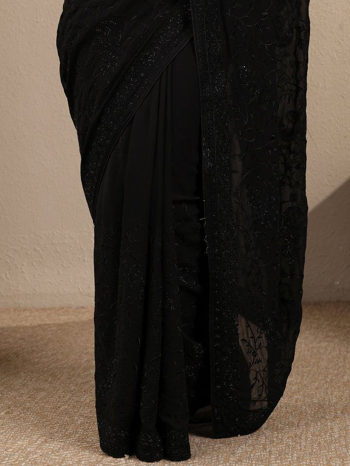 Black Embroidered Silk Blend Saree With Unstitched Blouse Piece