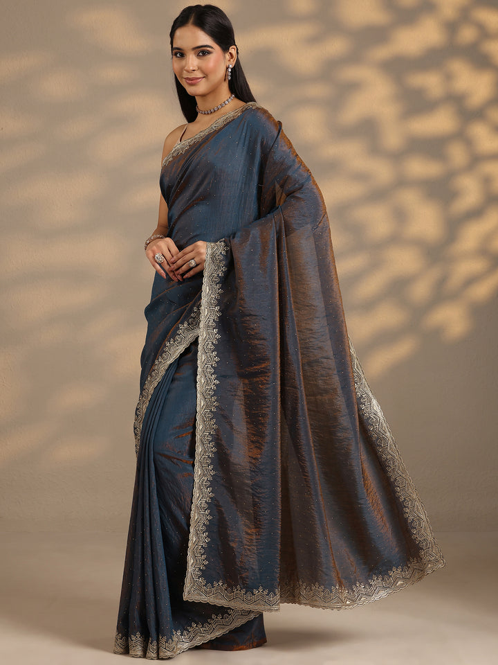 Navy Blue Embellished Silk Blend Saree With Unstitched Blouse Piece