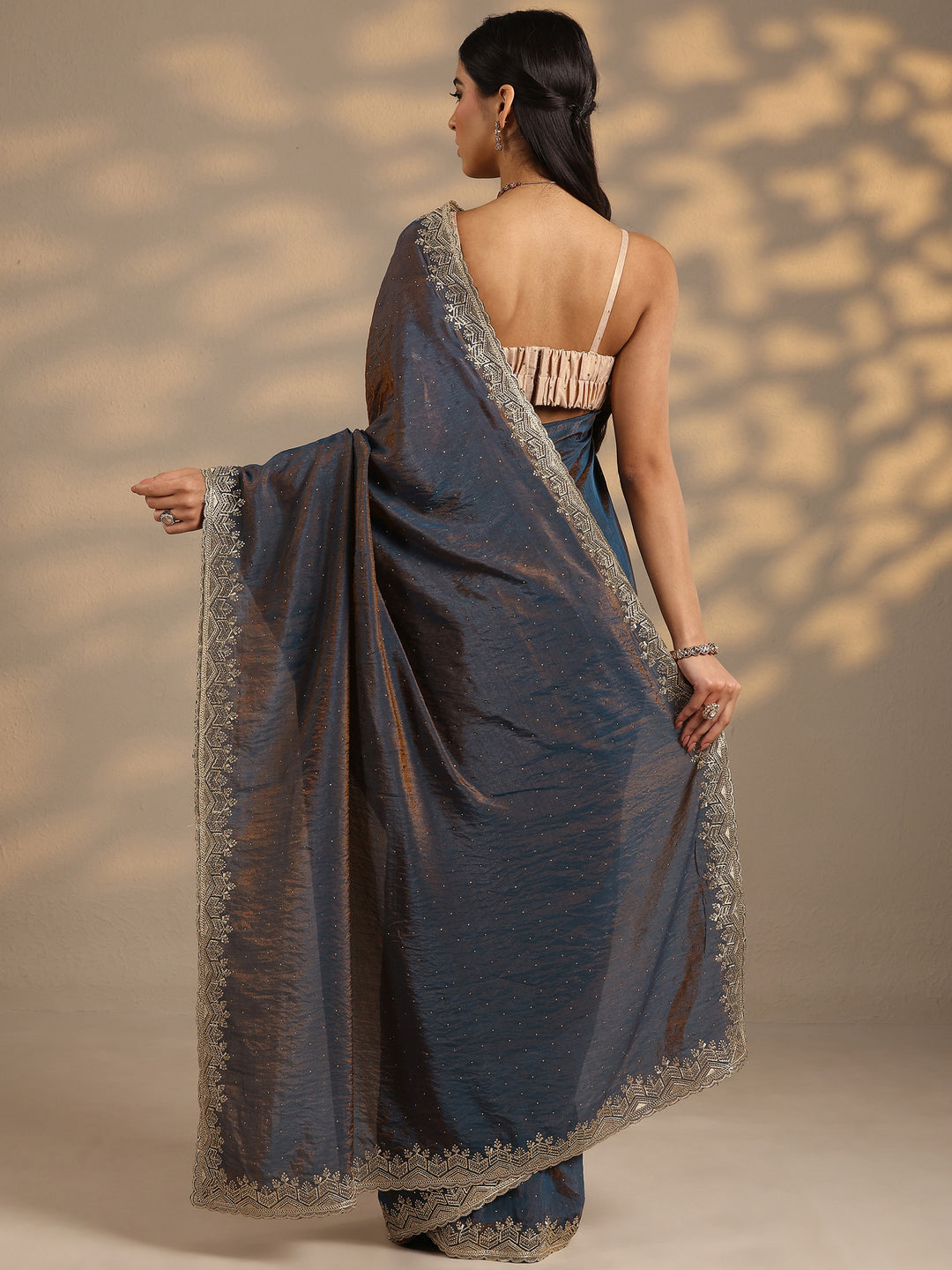 Navy Blue Embellished Silk Blend Saree With Unstitched Blouse Piece