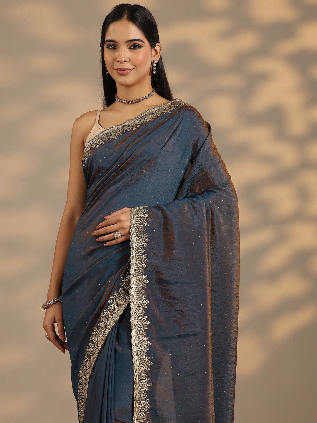Navy Blue Embellished Silk Blend Saree With Unstitched Blouse Piece