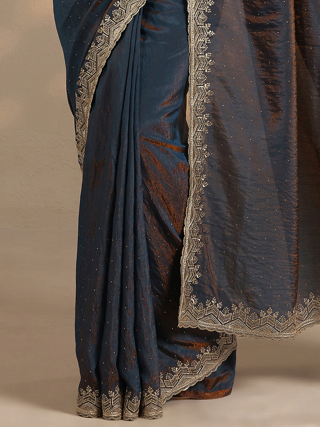 Navy Blue Embellished Silk Blend Saree With Unstitched Blouse Piece