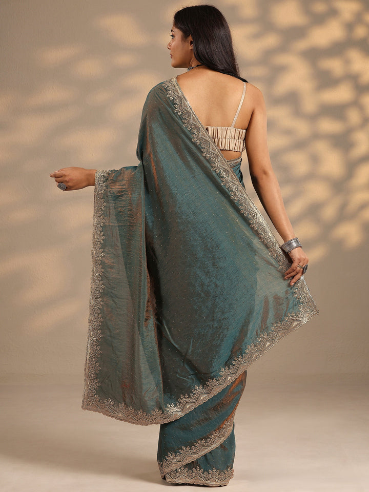 Blue Embellished Silk Blend Saree With Unstitched Blouse Piece