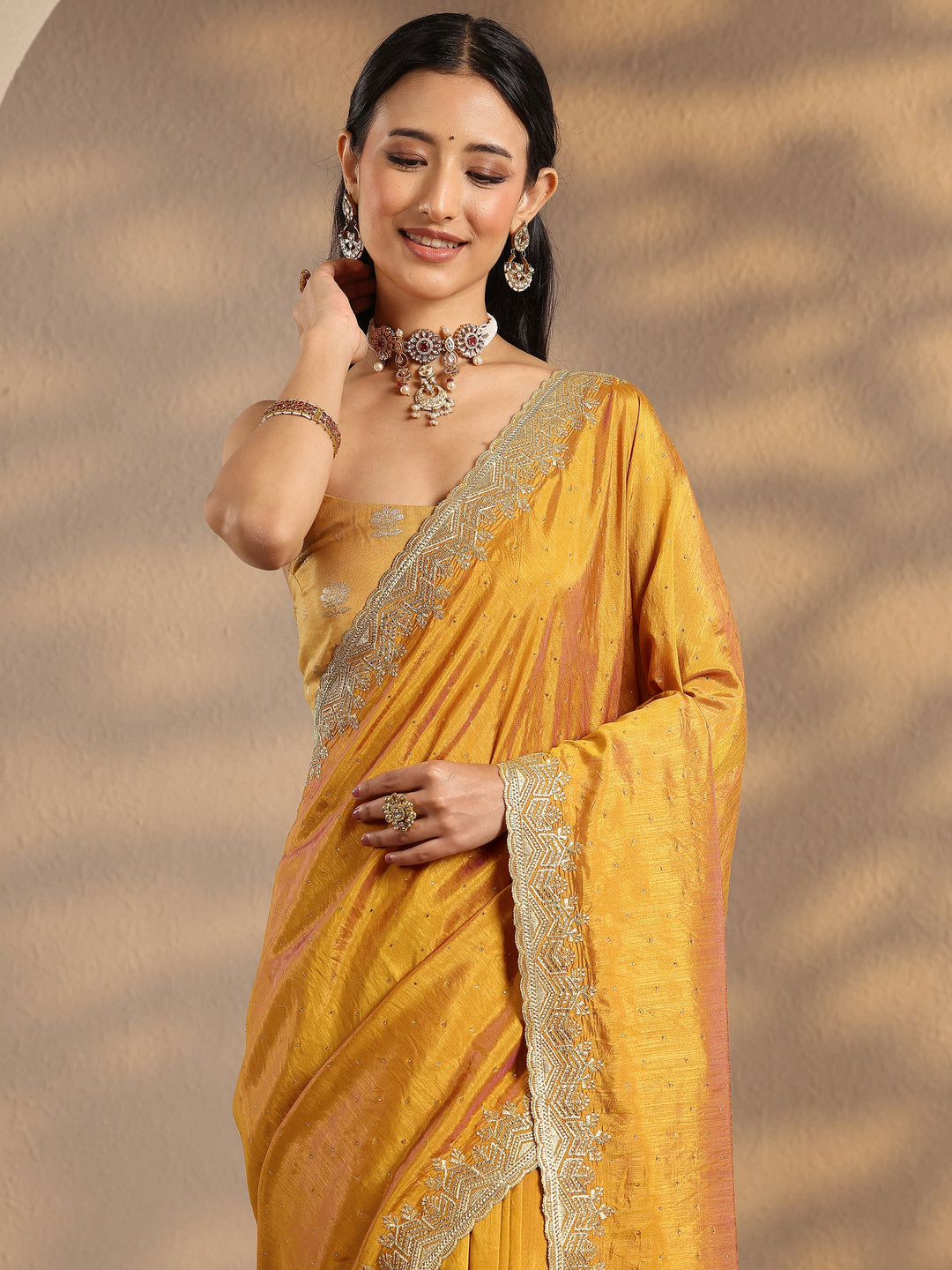 Mustard Embellished Silk Blend Saree With Unstitched Blouse Piece