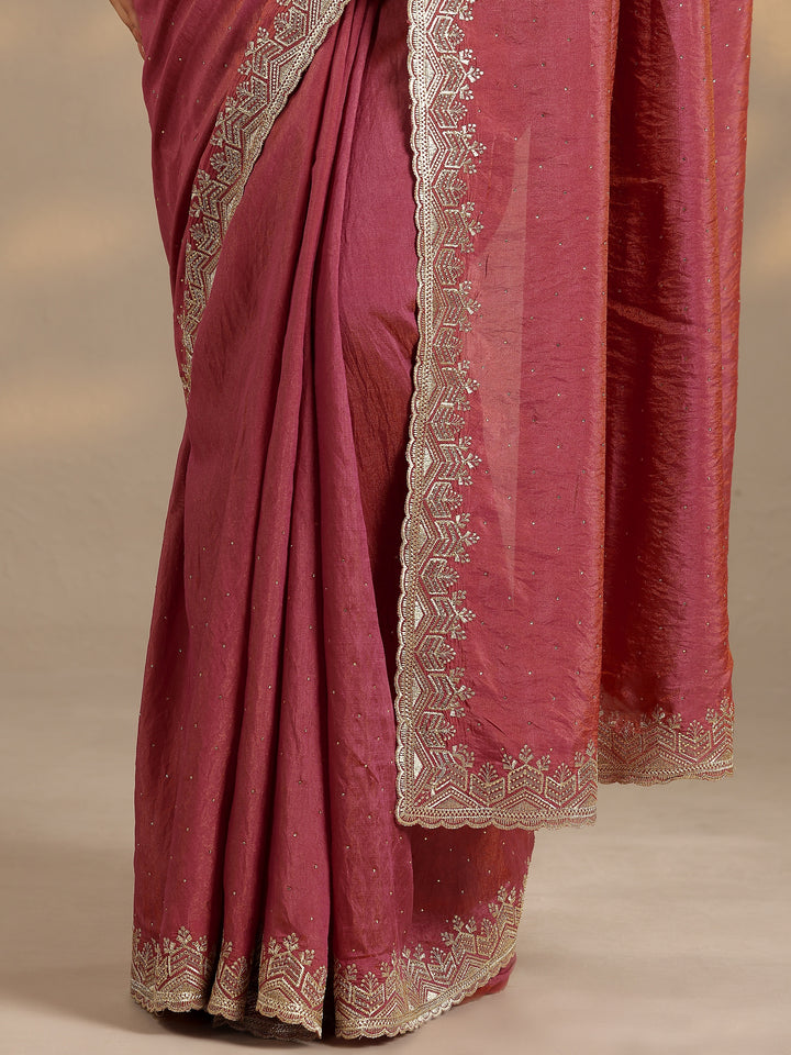 Pink Embellished Silk Blend Saree With Unstitched Blouse Piece