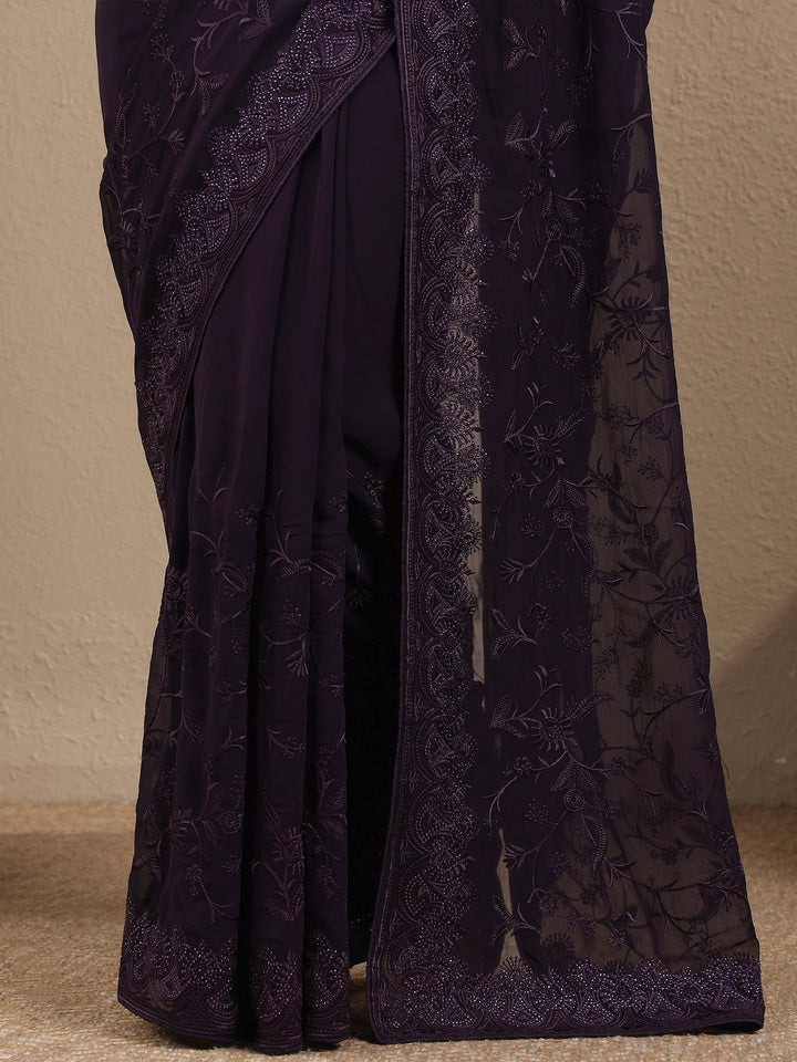 Purple Embroidered Georgette Saree With Unstitched Blouse Piece