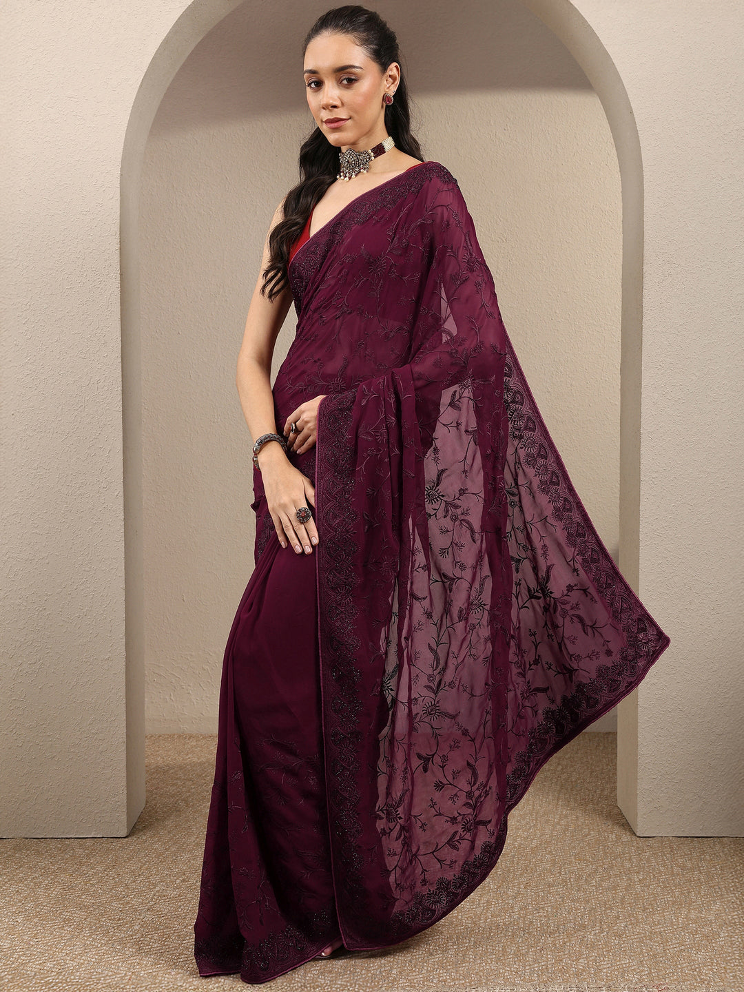 Maroon Embroidered Georgette Saree With Unstitched Blouse Piece