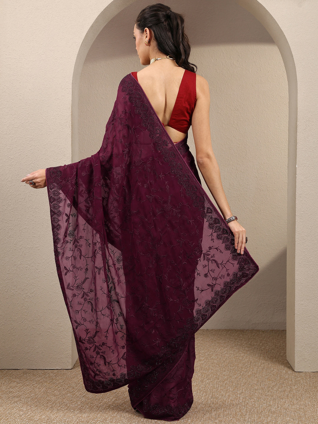Maroon Embroidered Georgette Saree With Unstitched Blouse Piece