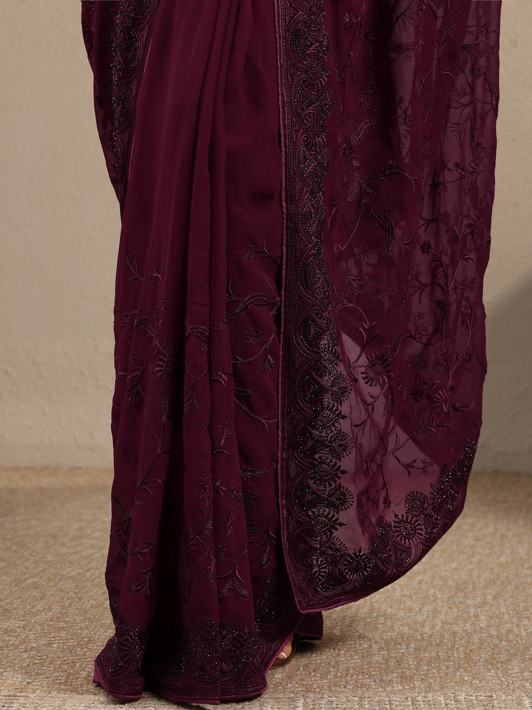 Maroon Embroidered Georgette Saree With Unstitched Blouse Piece