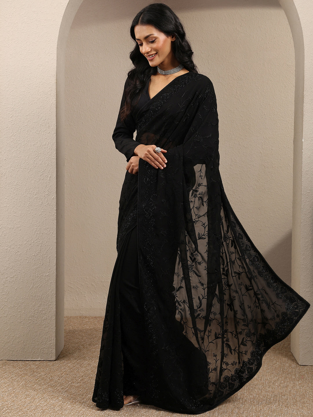 Black Embroidered Georgette Saree With Unstitched Blouse Piece