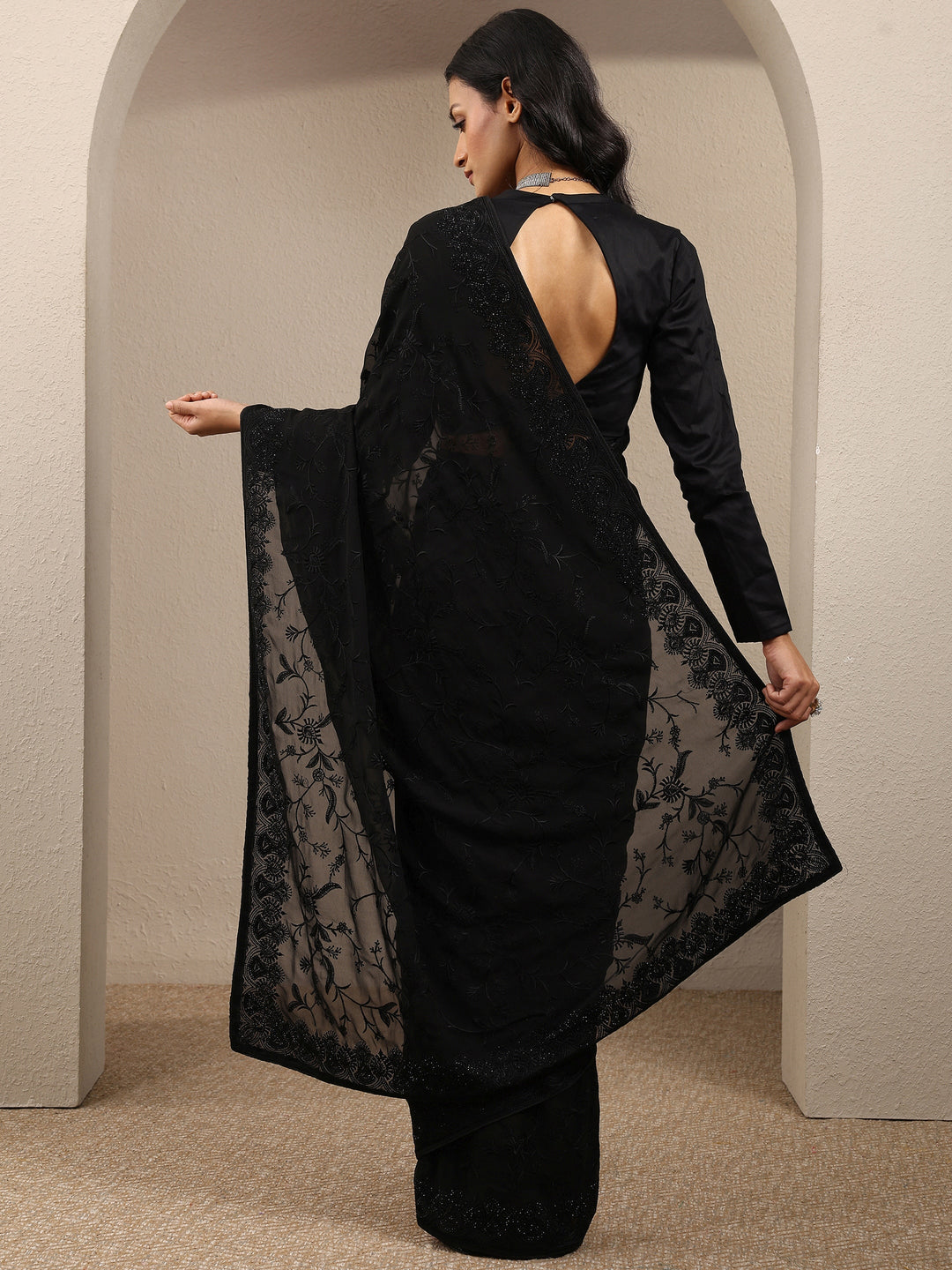 Black Embroidered Georgette Saree With Unstitched Blouse Piece