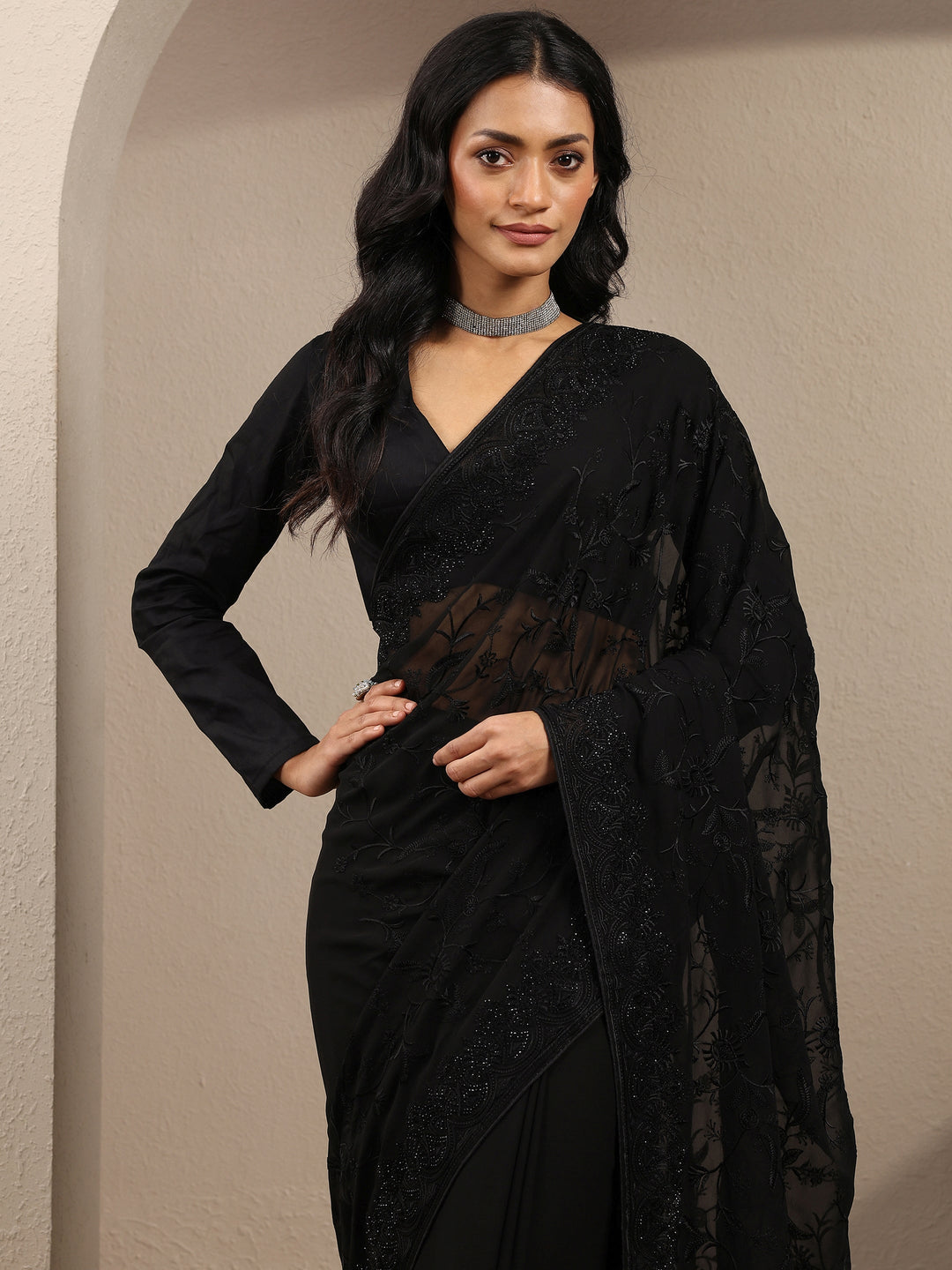 Black Embroidered Georgette Saree With Unstitched Blouse Piece